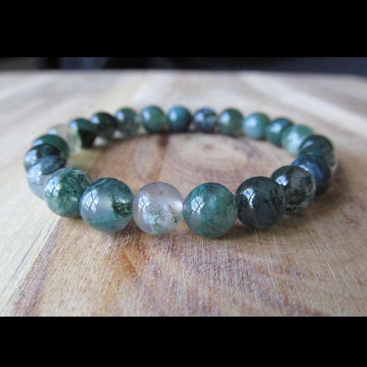 Restoration + Prosperity Green Moss Agate Crystal Bead Bracelet Mens Womens Uni